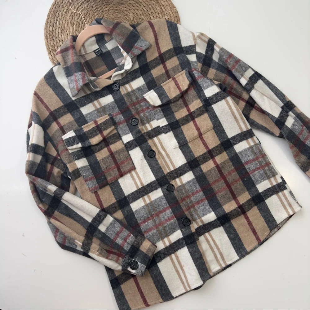 SHEIN Multicolor Plaid Button Up Flannel Shaket Shirt Size Small